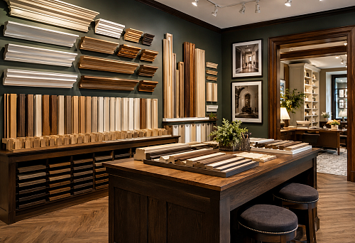 Exhibition stand for wooden molding samples: how to design a showroom for designers and clients