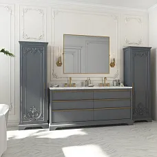 Wall panel made of STAVROS polyurethane molding with a round backlit mirror &mdash; classic wall decor in olive-gray color with corner ornaments