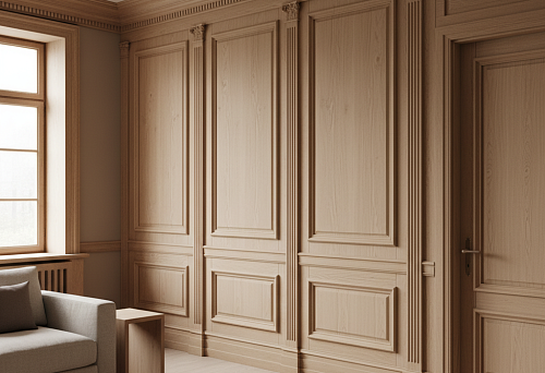 Interior with a comprehensive wooden molding and trim system: wall panels, columns, profiles, and casings