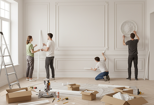 Wall molding installation &mdash; mounting moldings and decorative rosettes to create composition panels