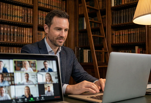 Classic Library Background in Zoom: Solid Wood Bookshelves, Warm Lighting, Neat Frame Composition
