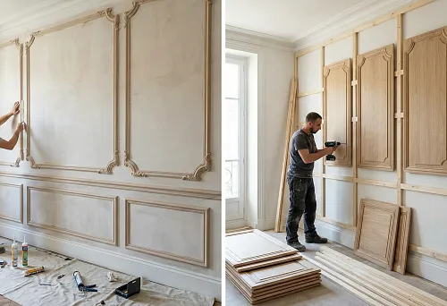 Wall Molding and Decorative Panels &mdash; Comparison of Installation Methods: On the left, adhesive decor and molding frames; on the right, panel installation on a slat and board frame in a room