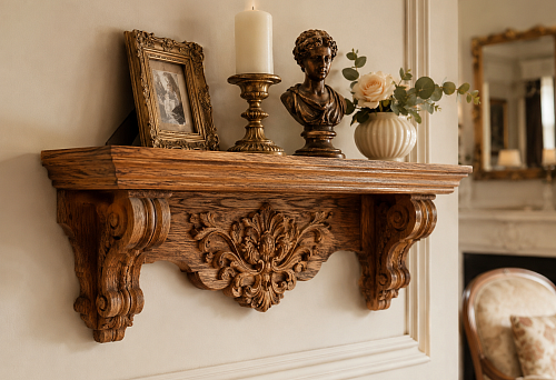 Carved wall shelf made of solid oak or beech: how to choose for a classic interior