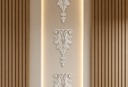 Three carved overlays NPU-197 in a narrow niche with backlighting between slatted panels