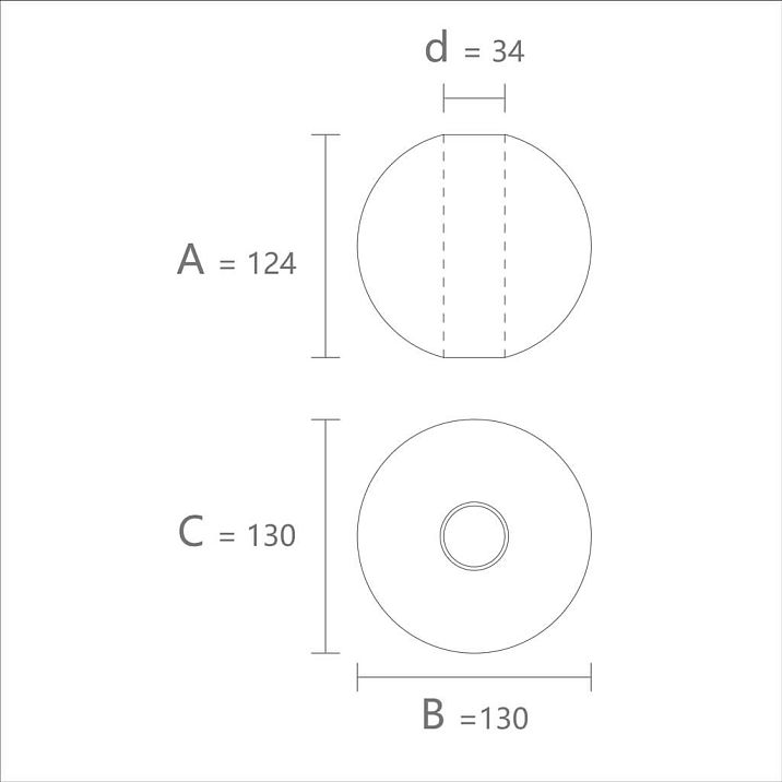Drawing of geometric shape KN-014 with dimensions 124&times;130 mm and a 34 mm hole