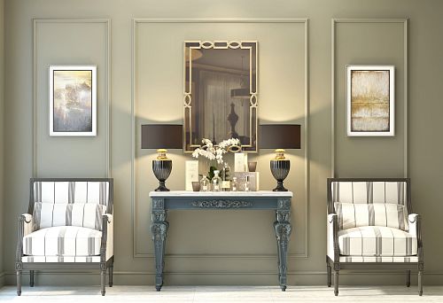 Classic wooden set: console with carving and two chairs in a modern interior