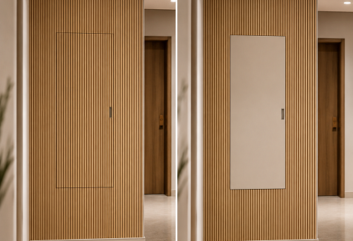 Slatted panel PAN-005 1010&times;9 mm on the hallway wall with a flush-mounted electrical panel