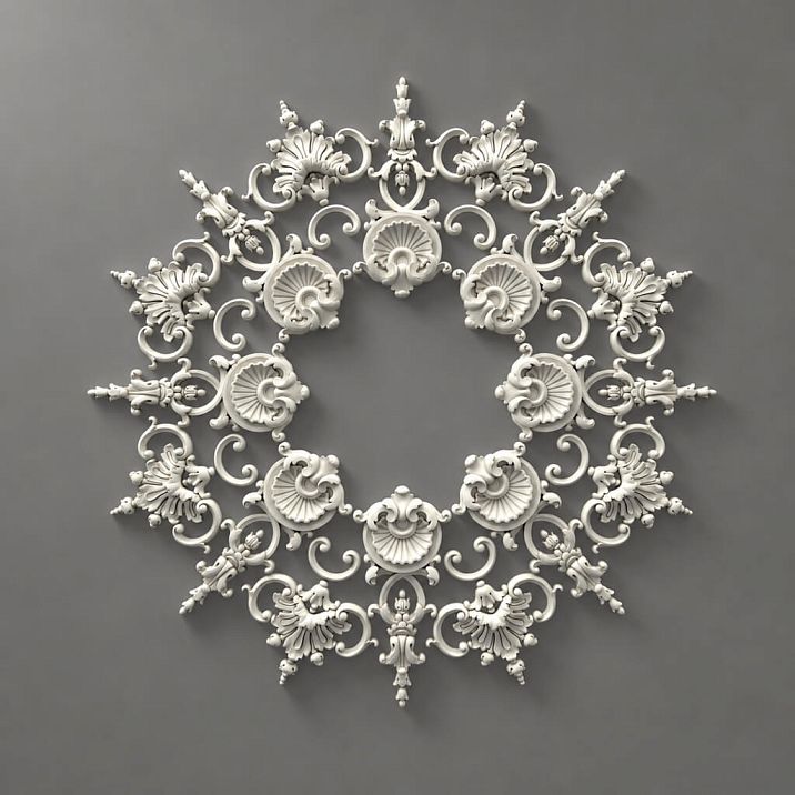 Star-shaped stucco decoration CPU-070 made of polyurethane, 765&times;765&times;18 mm, with eight-ray composition and fan-shaped elements