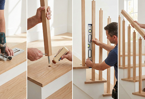 Installing a stud into a wooden baluster using adhesive