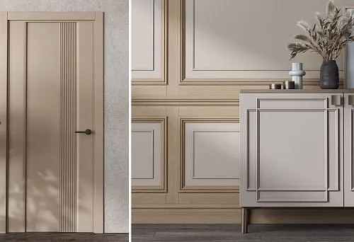 Interior with Wooden Profiles, Doors, and Furniture Elements.