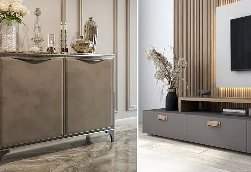 Modern Living Room 2025: Left &mdash; an elegant chest with decorative finish and metal legs