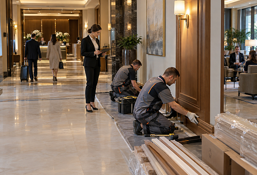 Replacing wooden trim in an operating hotel without interrupting business