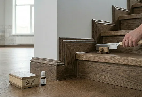 Wooden stair skirting: installation at the riser and neat junction with the tread