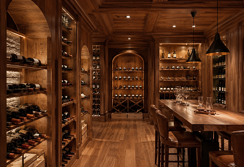 Wooden wine cellar finishing: walls, niches, and tasting area