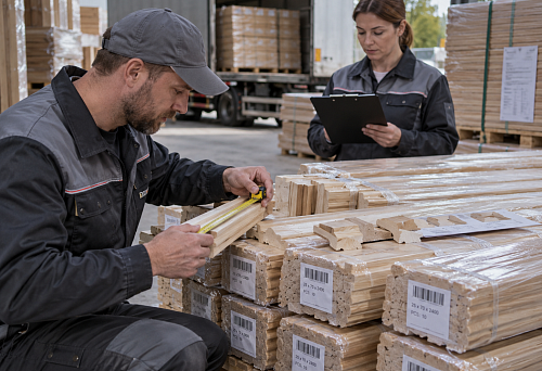 Rechecking a batch of wooden trim after shipment