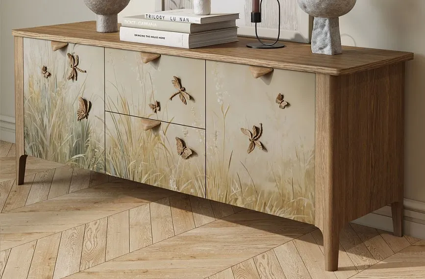 Chest of drawers KMD-047 with wooden decoration N-084, handles HL-001, and geometric legs MN-186-1.