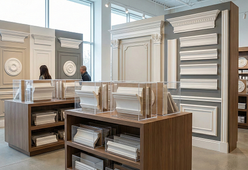 Showroom of polyurethane molded decor: cornices, moldings, and panels on stands, purchase of ready-made kits for apartments and houses 2026