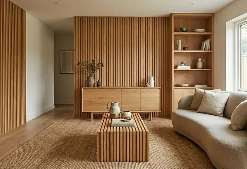 living room with vertical slats and a wooden chest of drawers