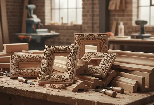 Wooden molding frames and decorative elements on a workbench in a carpentry workshop