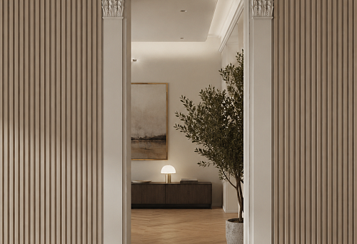 Capitals KLPU-013, width 250 mm, on two side pilasters of a door portal next to slatted panels