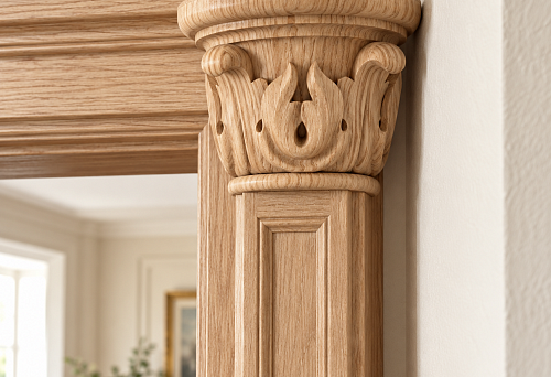 The door portal stands almost flush against the side wall: how to buy the carved wooden capital KL-050 and verify its full dimensions before ordering