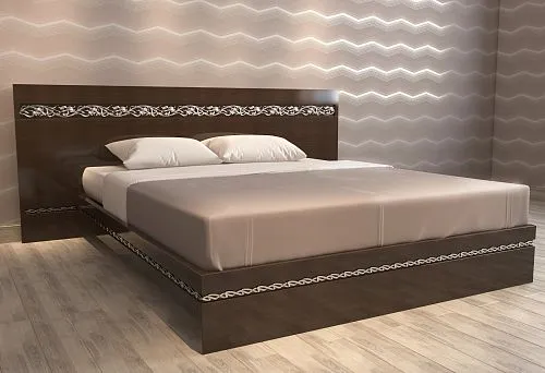 Modern solid wood bed with horizontal carving on headboard and base