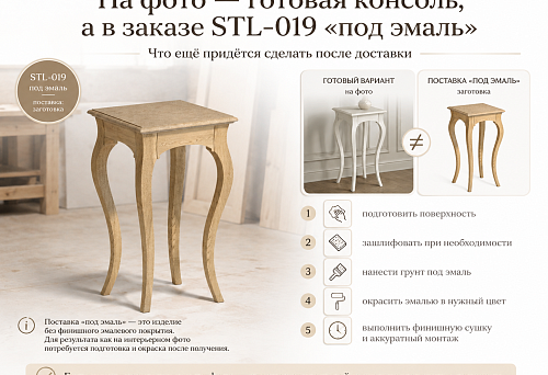 Comparison of a finished painted console and a wooden STL-019 base in an enamel-ready finish