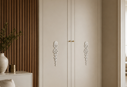 Built-in wardrobe next to a slatted wall with NPU-237 overlays on each door