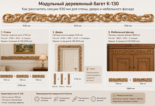 Modular wooden moulding K-130, 930 mm long, for walls, doors and furniture fronts