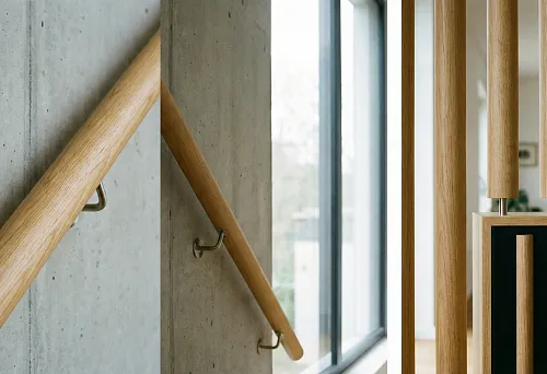 Close-up of round wooden molding 50 mm on a concrete wall