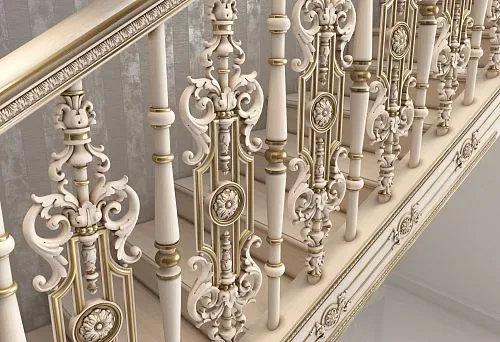 Carved Wooden Balusters with Gold Decor, Installed on Staircase