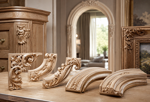 Curved and corner decorative overlays for furniture, frames, and arches