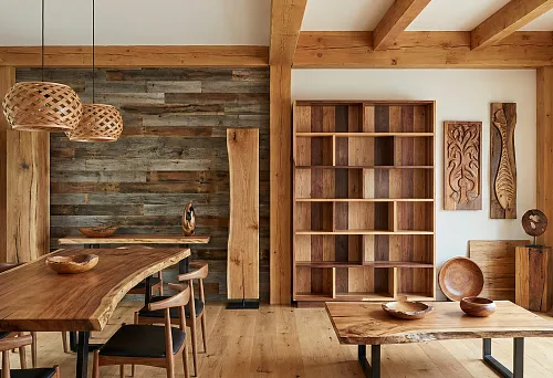 interior with wooden elements and solid wood furniture
