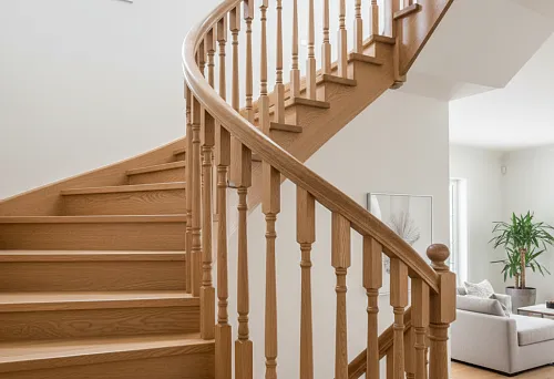 Set of wooden balusters, handrails, and posts for a classic staircase