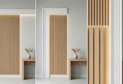Slat wall panels with lighting and white polyurethane moldings in a light modern interior