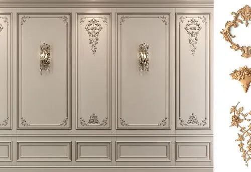 Classic decorative panels with carved ornamentation and elegant wall sconces for creating a luxurious restaurant ambiance