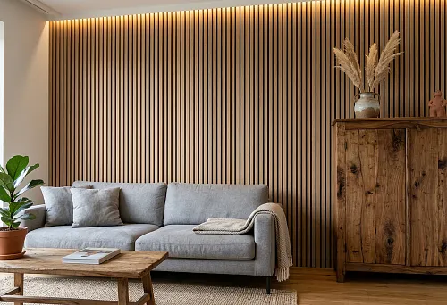 Wood-look wall slat panel in a living room interior with a sofa and warm lighting