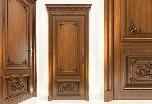 Classic wooden door with carved ornaments in the interior.