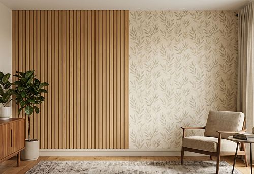 Slat panels and wallpaper on one wall: how to make a beautiful transition without a rough joint