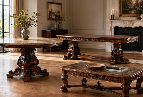 Carved wooden base for round, dining and coffee tables