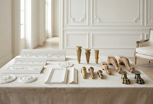 Stucco on walls and furniture legs for neoclassical 2026: moldings, cornices, rosettes and table supports in a light interior