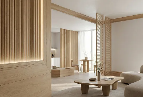 Modern wooden moldings 2026: minimalist interior with vertical slats, light wall finishes, and wooden frames.