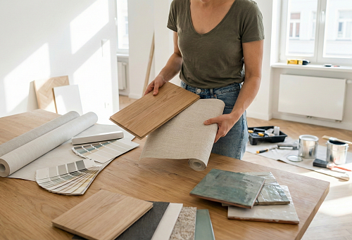 Choosing materials for apartment renovation: wood samples, wallpaper rolls, and a color palette on the desktop