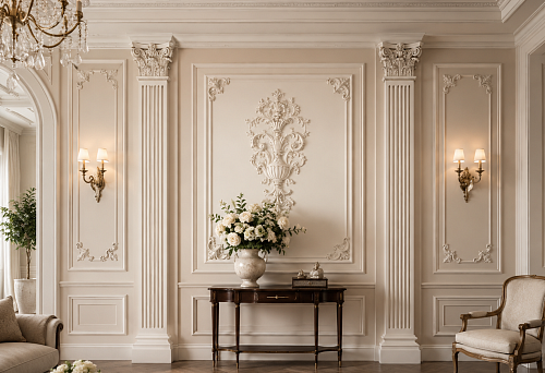 Architectural wall with pilasters, capitals and polyurethane moldings
