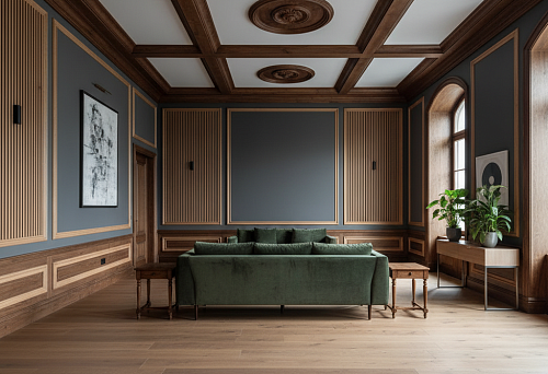 Interior with wooden moldings, baseboards, and battens, designed in a mixed classic and modern style, with an emphasis on natural wood as a replacement for polyurethane trim.