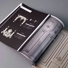 Spread of printed STAVROS catalog with modern interior projects &mdash; polyurethane decor in children's room and living room, contemporary style