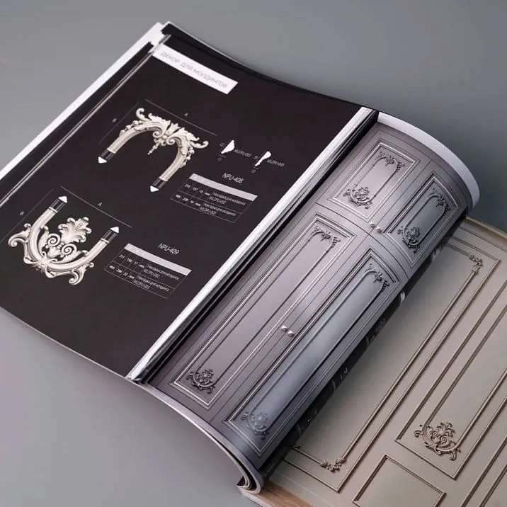 Spread of printed STAVROS catalog with modern interior projects &mdash; polyurethane decor in children's room and living room, contemporary style