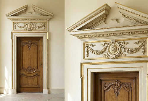 Door cornice and decorative panel above the door: ready-made pediment with ornament for classical style entrance group