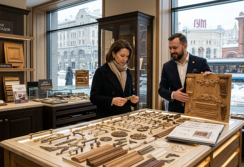 Decorative elements for furniture in a showroom in Moscow with samples of furniture decor