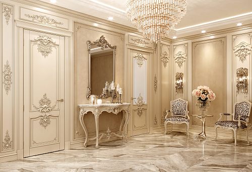 Italian Furniture Hardware in a Classic Interior with Carved Doors and Decorative Elements